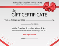 Image of a gift certificate for music or art lessons in Erindale School of Music & Arts (Mississauga music school)